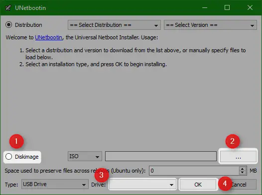 Schermata del programma UNetbootin
