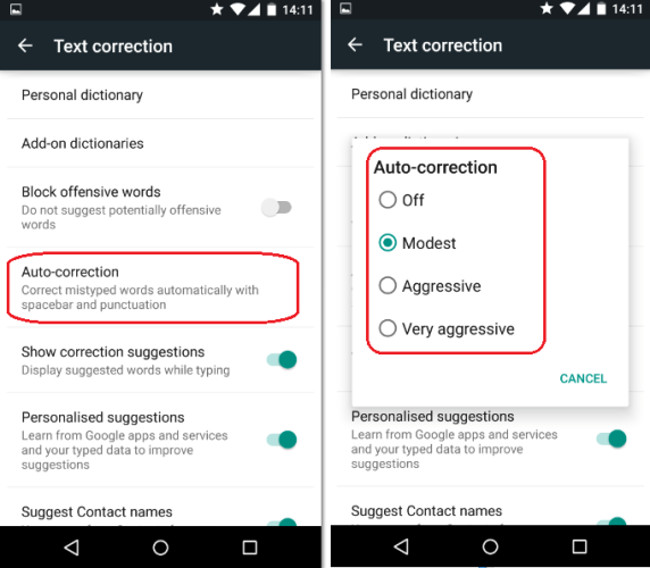 Modalità della correzione automatica su Android