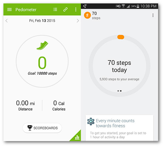 Schermate delle app S Health e Google Fit per Android