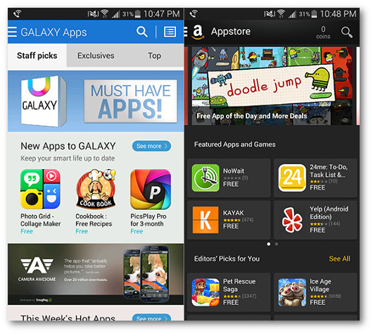 Schermate delle app GALAXY App Store e Amazon Appstore