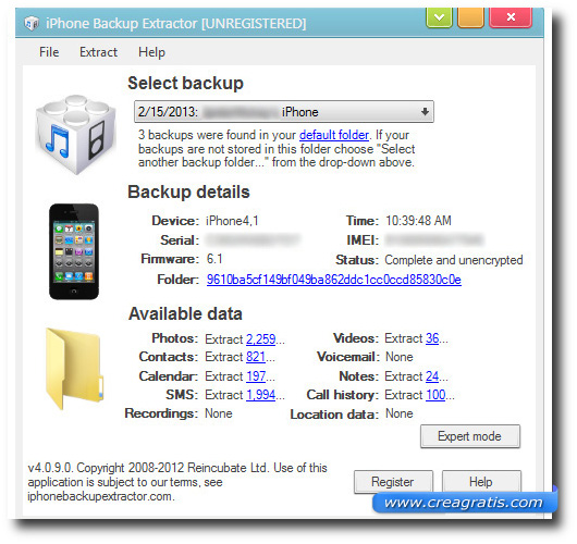 Schermata del programma iPhone Backup Extractor