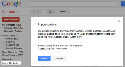 Schermata di Google per importare i contatti da un file CSV