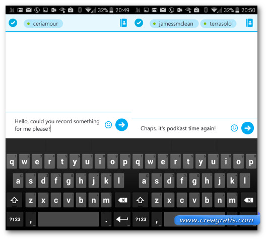Schermate di chat con tastiera di Skype su Android