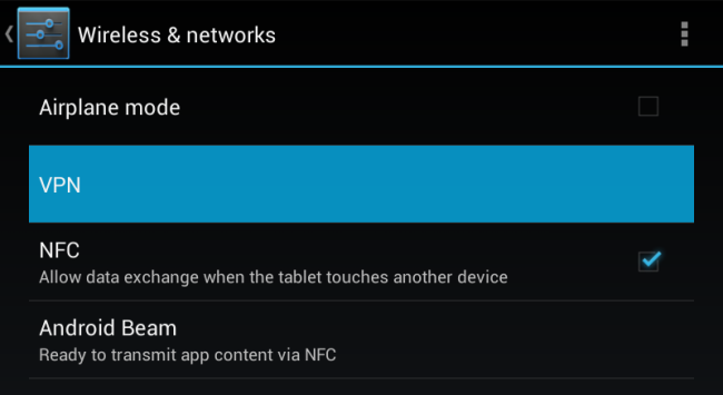 Schermata delle opzioni wireless di Android