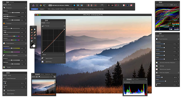 Interfaccia grafica del programma Affinity Photo per Mac